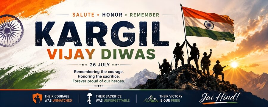 Kargil vijay diwas wide banner with soldiers on a mountain peak waving the indian national flag during sunset soldiers mountain military
