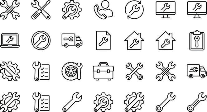 Maintenance and repair service icons set, tools, settings, technical support, installation and fixing concepts, line vector illustration