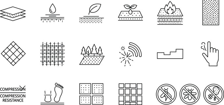 Material properties and construction material line icon set with performance, resistance, texture, and testing symbols