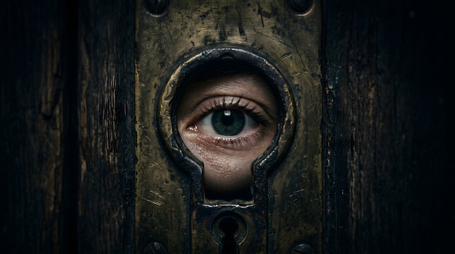 Close Up of Human Eye Peering Through Antique Brass Keyhole for Secret and Investigation Design