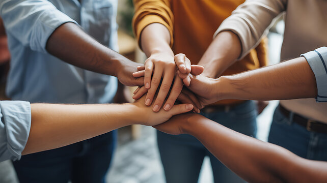 hands stacked together in unity emphasizing advanced technology and cyber security