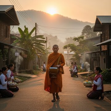 Buddhist monk receiving alms from devotees in a peaceful village at sunrise.