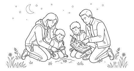 Obraz premium Family exploring nature line art, parents and children studying plants with magnifying glass and book, outdoor science education vector illustration