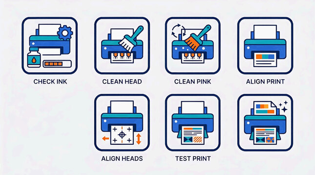 Printer maintenance icons show various actions for printer care and repair
