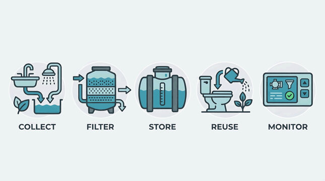 A graphic illustration of a water recycling process with collect, filter, store, reuse, and monitor steps shown.