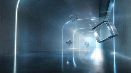 Fototapeta premium Futuristic tunnel with floating glass cubes and ambient volumetric light, premium SaaS advertising backdrop, ultra realistic reflections, modern enterprise presentation background, minimal composition