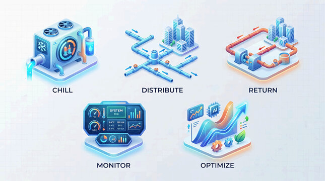 Isometric icons illustrate data center operations including chill, distribute, return, monitor, optimize functions.