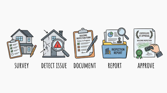 A surveyor inspects a house detecting issues to document and report for approval.