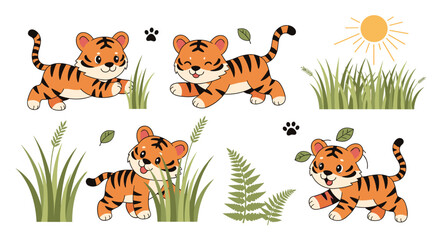 Fototapeta premium Collection of cute cartoon tiger cubs in various playful poses, surrounded by grass and leaves, with a pixelated sun, depicting a joyful and