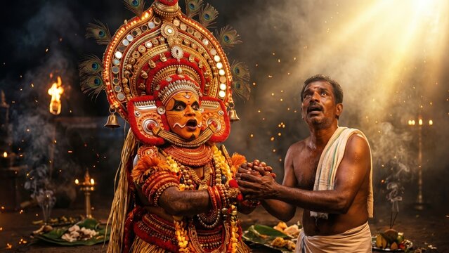 Divine Theyyam Performer Holding Villager Under Heavenly Light