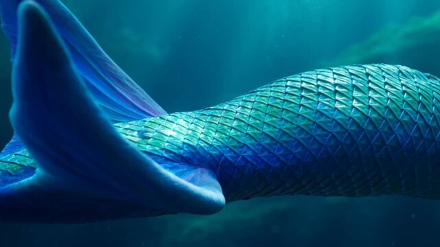 Close up of a blue and iridescent mermaid tail with shimmering scales swimming in deep blue water