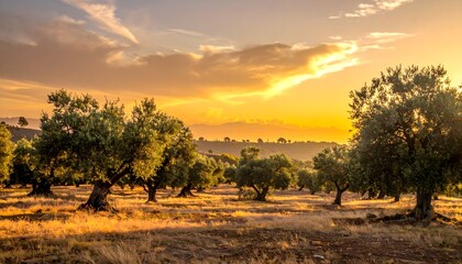 Naklejka premium Sunset over ancient olive grove in Mediterranean landscape