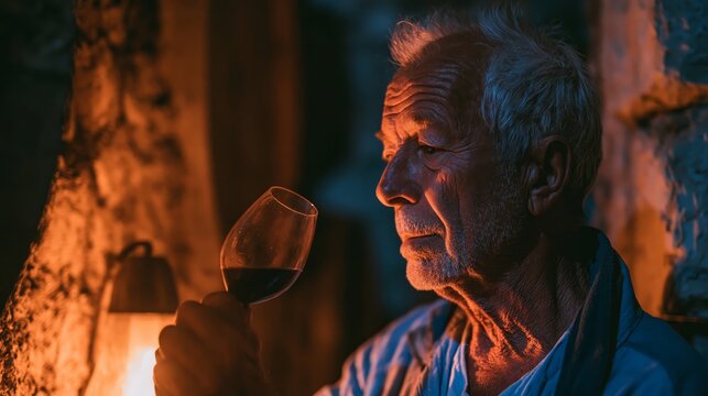 Older Winemaker Smelling Wine in Barrel Cellar