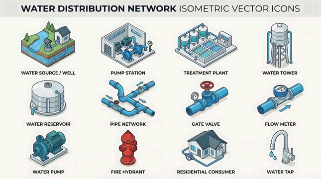 Water distribution network components illustrated in isometric view including pump station, treatment plant and residential consumer