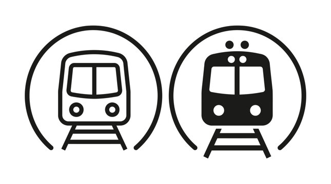Two stylized train icons displayed side by side within circular frames