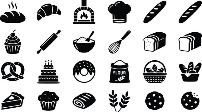 A collection of black and white icons depicting various baked goods and baking tools