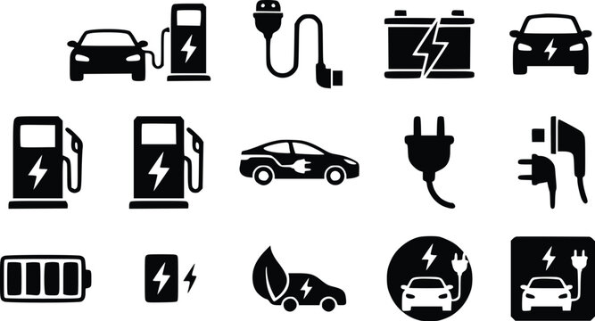 A collection of black and white electric vehicle charging icons