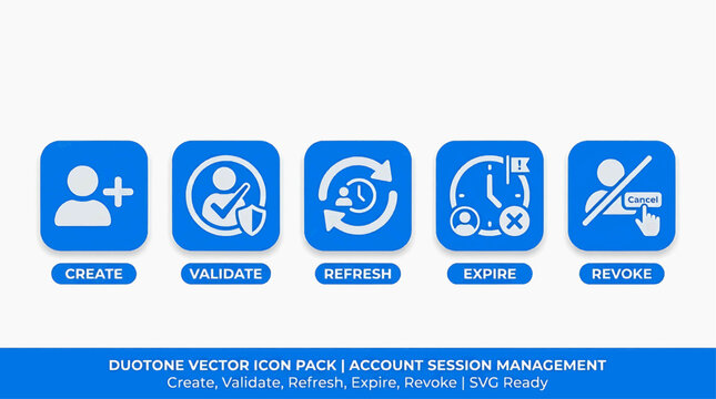User account management icons for create, validate, refresh, expire, revoke actions online.