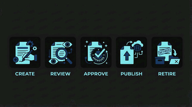 Workflow process icons show create, review, approve, publish, retire steps
