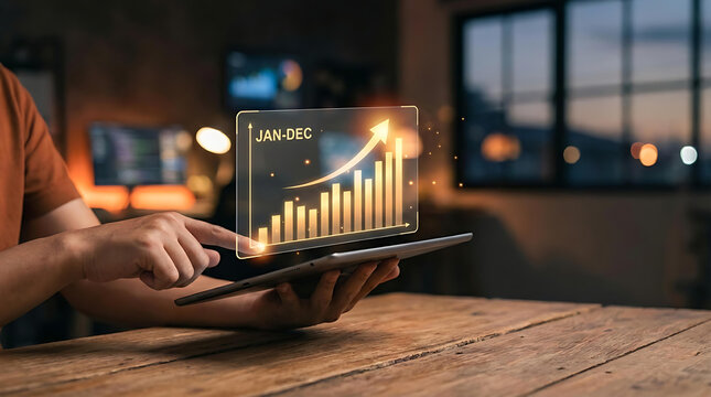 Businessman Analyzing Financial Growth Chart on Digital Tablet with Stock Market Investment Concept