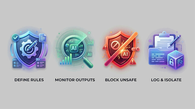 Security icons for defining rules and monitoring outputs on computer screen closely