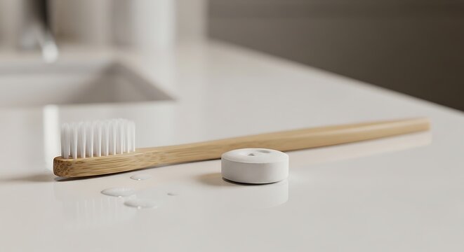 Bamboo toothbrush and toothpaste tablet on a minimalist counter