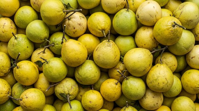 A bountiful pile of ripe yellow and green pomelos with stems and leaves filling the frame citrus fruit