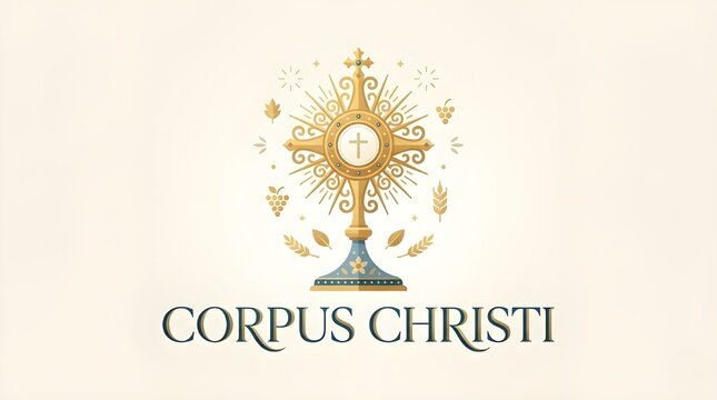 Corpus Christi Catholic Celebration Vector Emblem with Holy Monstrance IHS Eucharist Host Chalice and Grapes