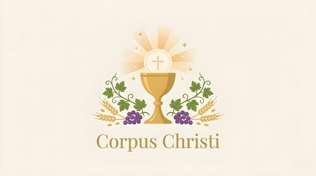 Corpus Christi Catholic Celebration Vector Emblem with Holy Monstrance IHS Eucharist Host Chalice and Grapes