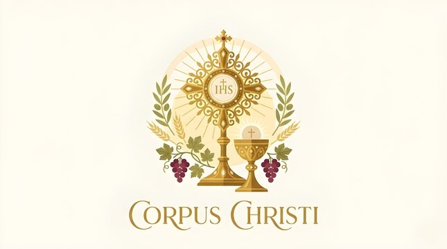 Corpus Christi Catholic Celebration Vector Emblem with Holy Monstrance IHS Eucharist Host Chalice and Grapes
