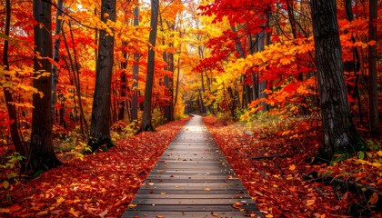 Fototapeta premium Wooden path through vibrant forest with autumn foliage