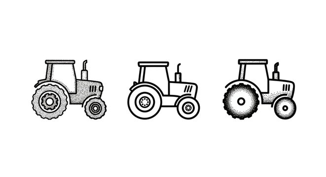 Illustrated collection of three agricultural tractors side view.