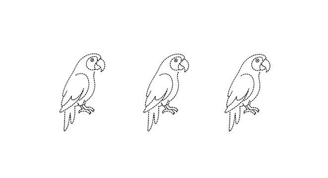 Three cute hand drawn parrots standing together in line.