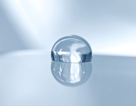Minimalist clear liquid droplet with sharp focus on smooth glass