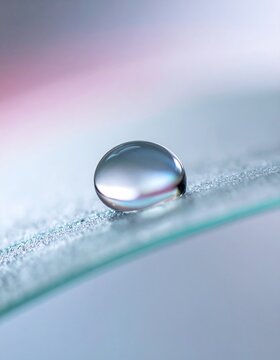 Minimalist clear liquid droplet with sharp focus on smooth glass