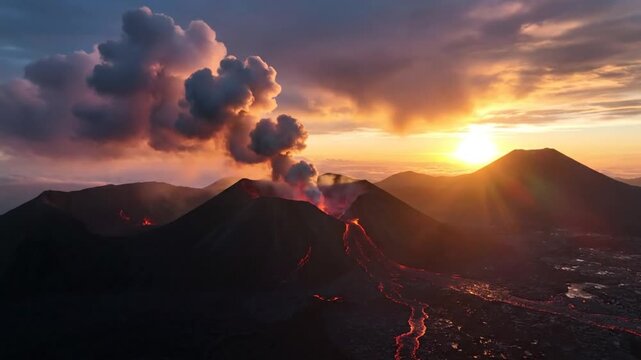 Volcano Erupts at Sunset Mountains.