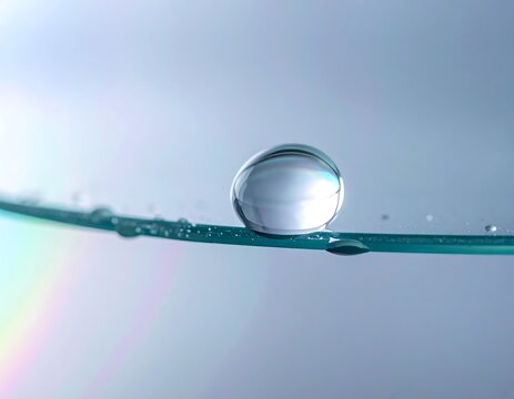 Minimalist clear liquid droplet with sharp focus on smooth glass