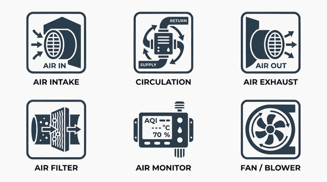 The RJ_EKOAF9_VF.svg illustrates various components of an air ventilation and filtration system including air intake, circulation, air exhaust, air filter, air monitor, and fan blower.