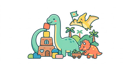 Cute cartoon dinosaurs and building blocks in a playful scene. © Iwan