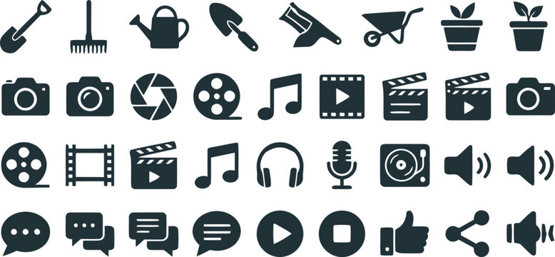 Gardening Tools and Multimedia Vector Icon Set with Solid Black Glyph Symbols