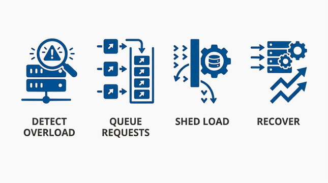 The system detects overload and recovers by shedding load and queueing requests efficiently.