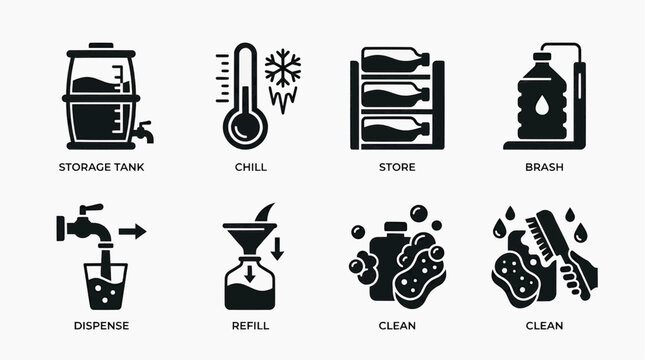 A graphic illustration of various coffee machine icons including storage tank, chill, store, brush, dispense, refill, and clean, showcasing different actions and components.