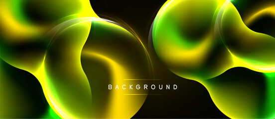 Naklejka premium Abstract fluid shapes, vibrant green, yellow hues. Dark background creates contrast, modern design element. Smooth gradients, dynamic composition.