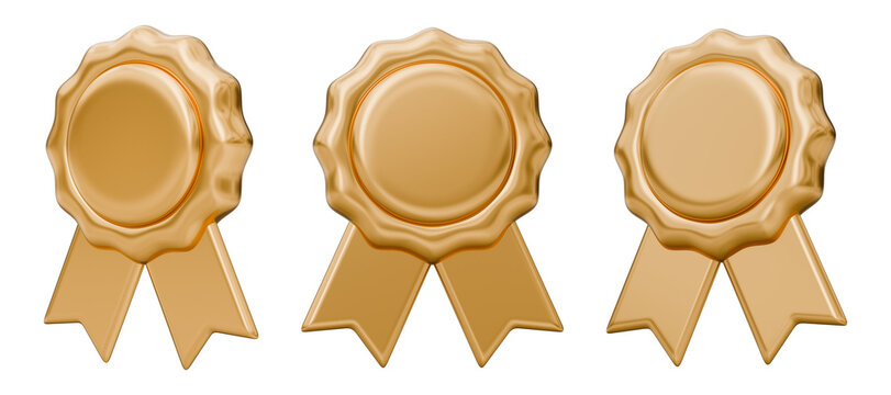 Seal ribbon badge rosette stamp label medal gold golden metallic shiny luxury, award certificate winner achievement recognition success quality, guarantee official certified set, 3d illustration.