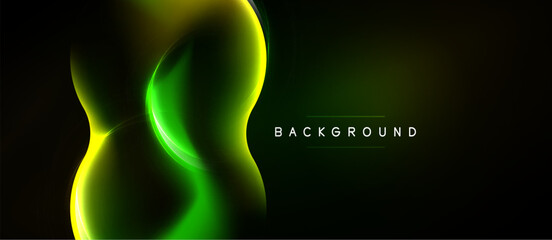 Naklejka premium Abstract neon lines form fluid shape against dark backdrop. Bright green, yellow hues create dynamic visual effect. Modern design element.