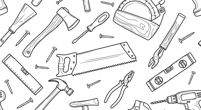 Seamless pattern background featuring hand-drawn construction tools and hardware equipment isolated on white vector Happy Labor Day