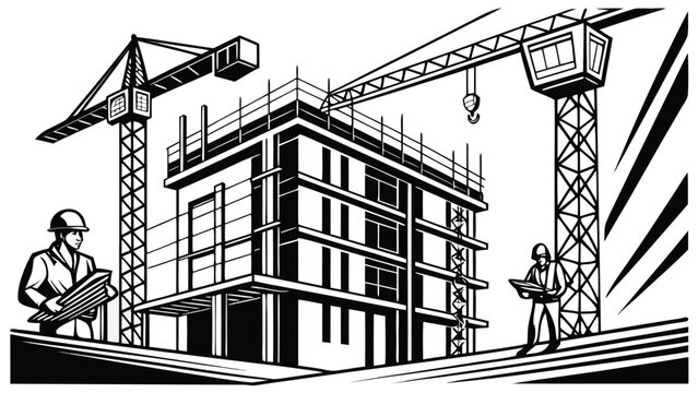 Vector illustration of construction site with cranes and workers construction building architecture
