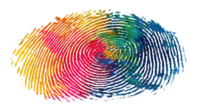 Vibrant multicolor fingerprint texture illustration symbolizing biometric identity security authentication cyber technology and forensic investigation artwork on White background