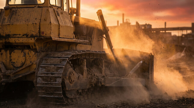A powerful bulldozer, essential heavy machinery, diligently works on a bustling construction site, generating significant dust in the warm, dusty environment under a dramatic sky