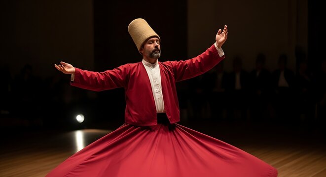 Whirling dervish in red robe performing traditional spiritual dance